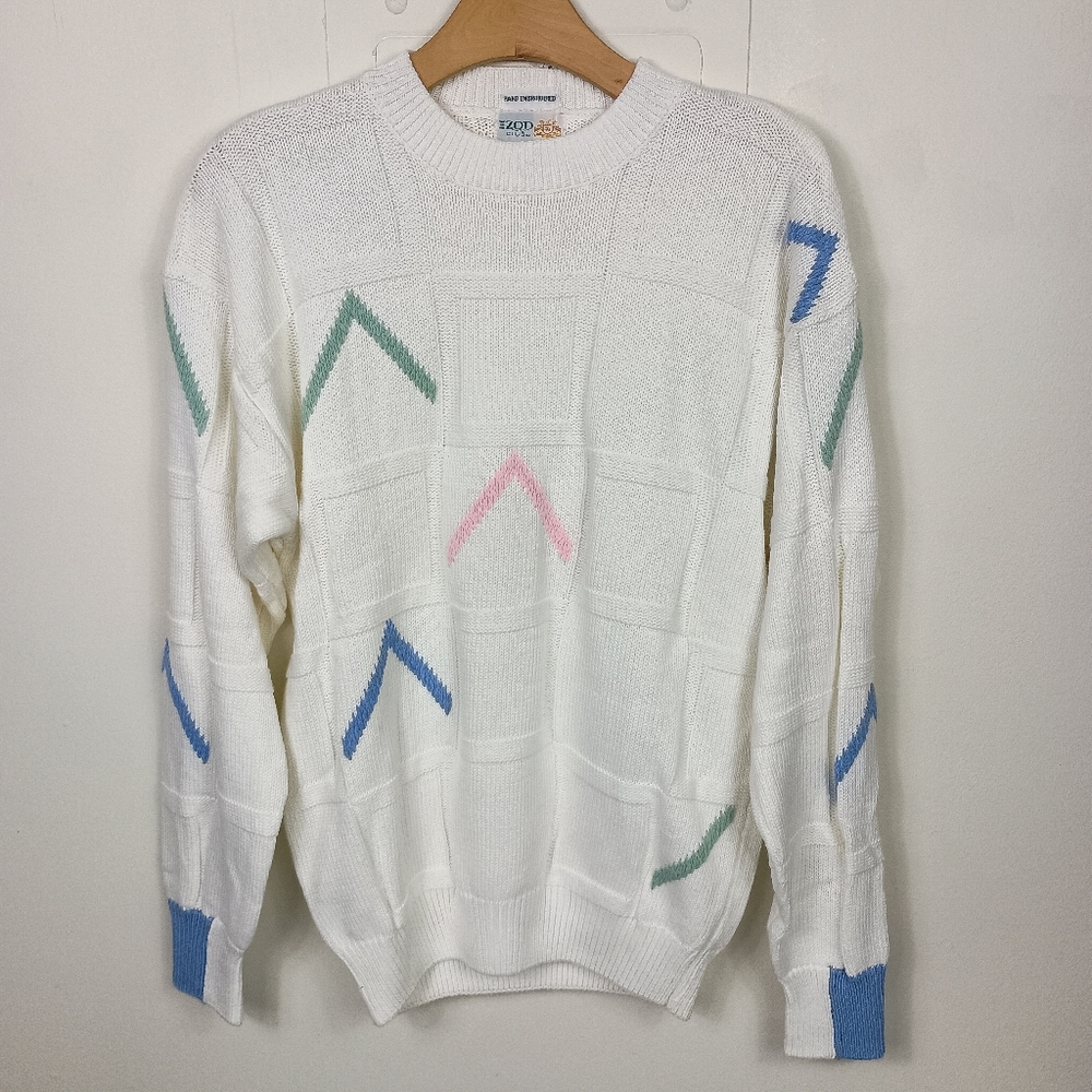IZOD Women's White Crewneck Sweater with Pastel Chevron Accents